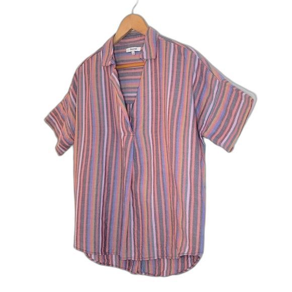 MADEWELL Courier Button Back Rainbow Stripe Boxy V-Neck Shirt size Small - Picture 5 of 12